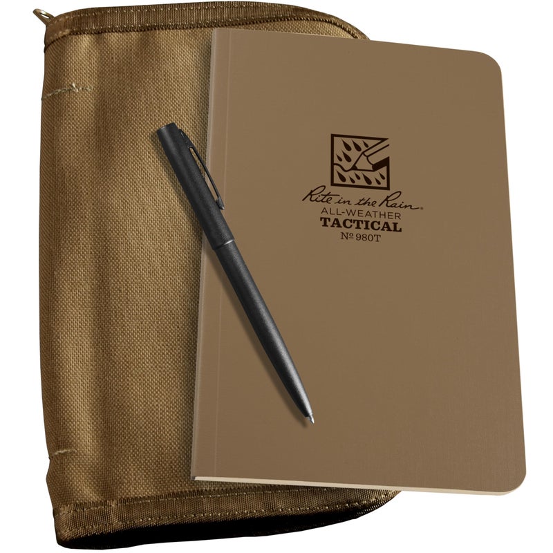 Rite in the Rain Weatherproof Tactical Field Kit: Tan CORDURA Fabric Cover, 4.625" x 7.25" Tan Tactical Notebook, and Weatherproof Pen (No. 980T-KIT) - Image 1
